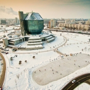 Национальная библиотека Республики Беларусь. Аэросъемка зимой. Летающая камера в Минске. Видеосъемка с воздуха.